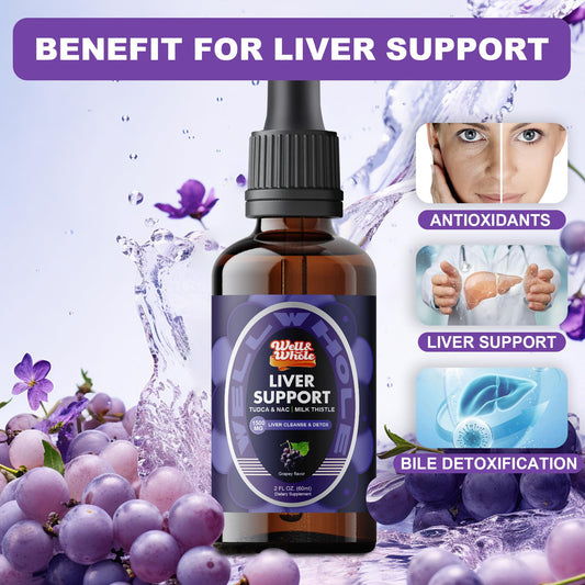 Milk thistle flowers and dandelion root beside a dropper of liver support liquid