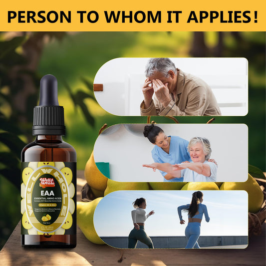 EAA liquid drops measured into a spoon beside milk thistle and dandelion root