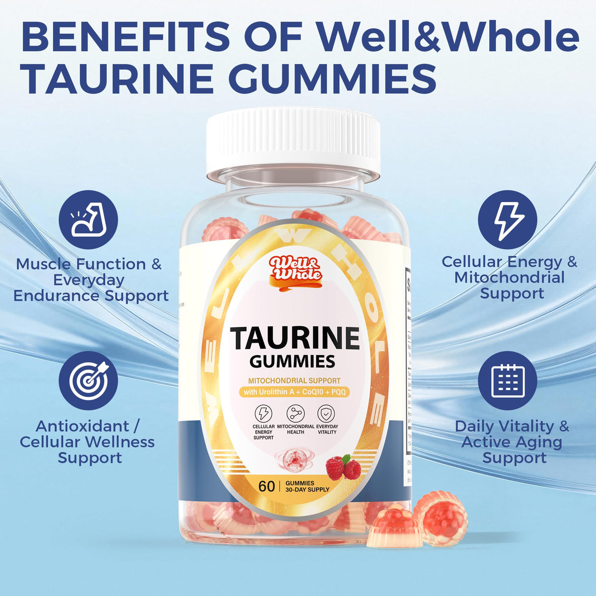 Taurine Gummies with Ubiquinol CoQ10 & PQQ, Sugar Free, 60 Cts