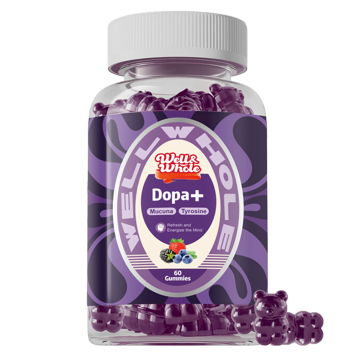 GetWellWhole mucuna pruriens dopamine gummies jar with 500mg and mood label
