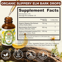 Slippery elm liquid drops supplement facts panel listing marshmallow root and licorice