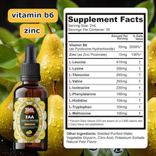 Essential amino acid liquid drops supplement facts panel listing all nine EAAs per dose