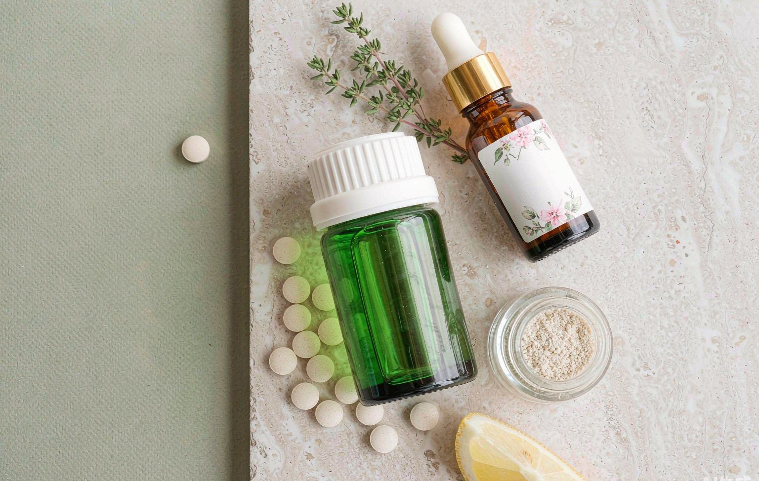 LiverFirst supplement flat-lay with botanical ingredients