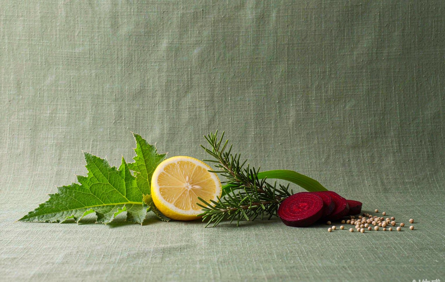 Fresh milk thistle, lemon, rosemary, beetroot, and coriander seeds